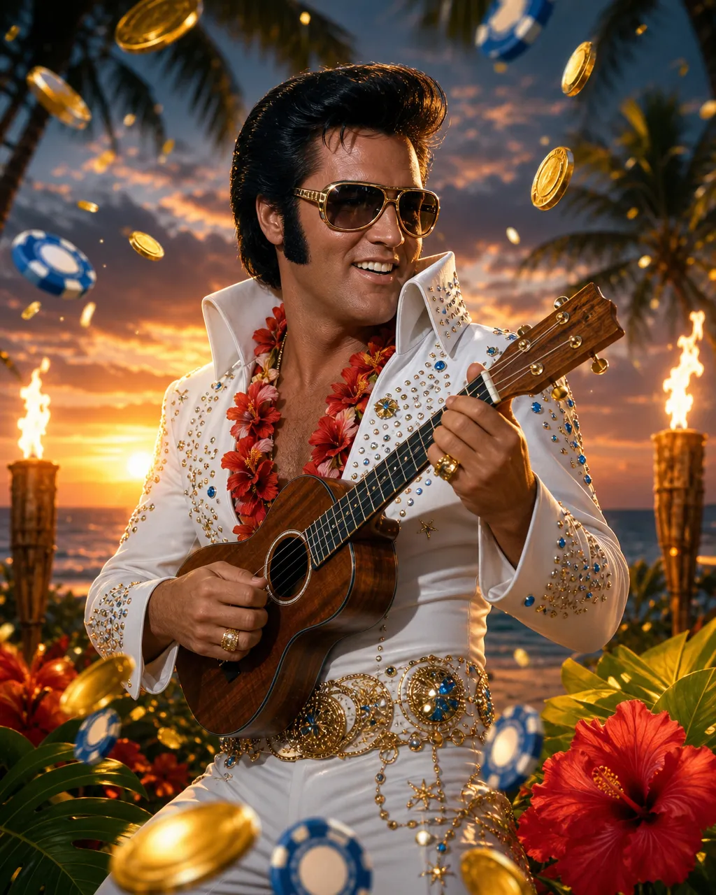 Obal automatu Aloha King Elvis s plážou a ukulele
